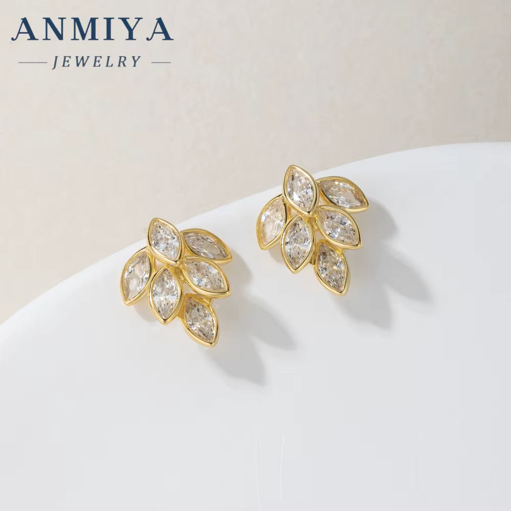 ANMIYA Custom Wholesale Fashion Ladies Necklace Earring Sets Rhinestone Long Leaf Gold Jewelry Set for Women