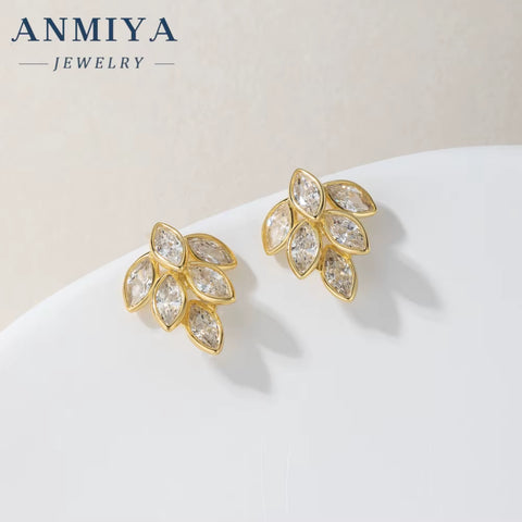 ANMIYA Custom Wholesale Fashion Ladies Necklace Earring Sets Rhinestone Long Leaf Gold Jewelry Set for Women