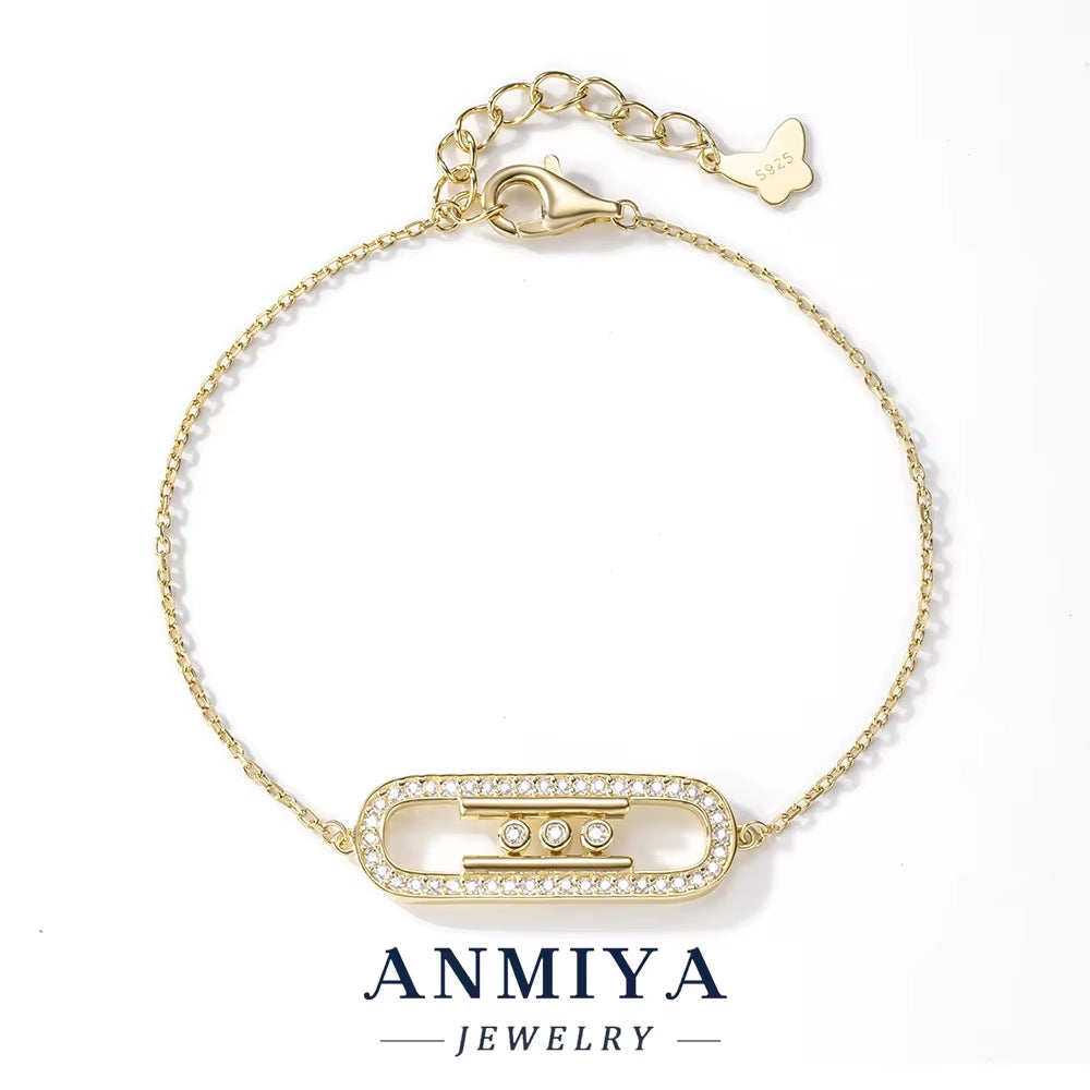 ANMIYA 925 Sterling Silver Bracelet Elegant Sliding Oval Design Sparkling Zircon Stones Perfect Necklace for Women