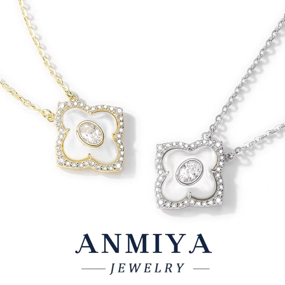 ANMIYA 925 Sterling Silver Four Leaf Clover Necklace White Shell with Zircon Customizing Jewelry Necklace