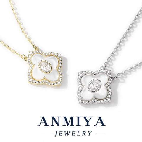 ANMIYA 925 Sterling Silver Four Leaf Clover Necklace White Shell with Zircon Customizing Jewelry Necklace