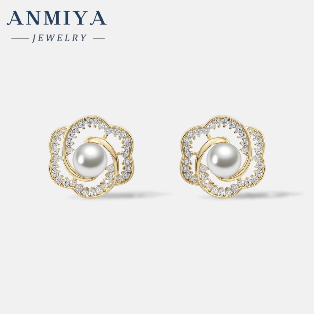 New Fashion Rose Pearl Earrings 925 Silver Women'S High-Grade Personality All-Match Rose Earrings Exaggerated Earrings