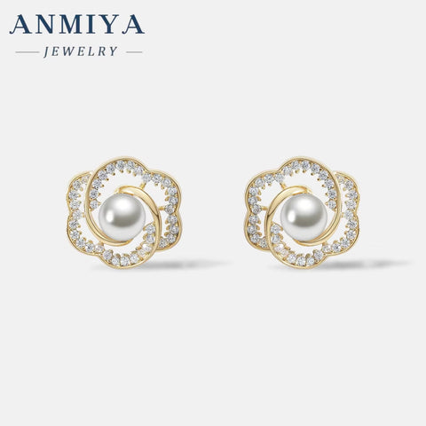 New Fashion Rose Pearl Earrings 925 Silver Women'S High-Grade Personality All-Match Rose Earrings Exaggerated Earrings