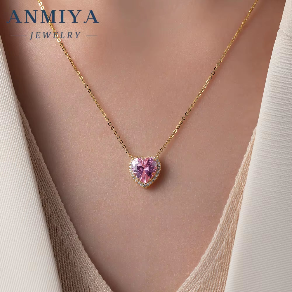 ANMIAY New Fine 925 Silver Heart Zircon Necklace Pink Crystal Stud Earrings Luxury Earrings Necklace Set for Women