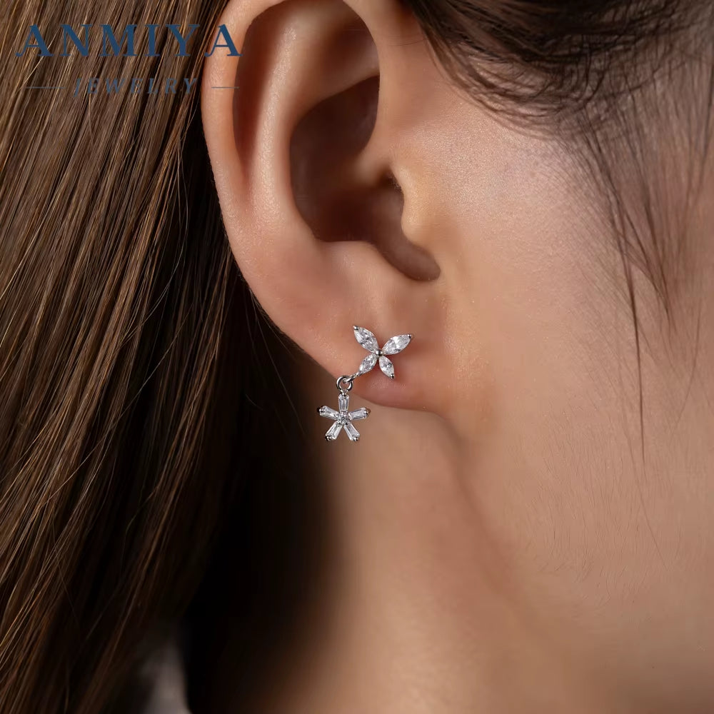 Hot Sale 925 Sterling Silver Four-Leaf Clover Flower Zircon Stud Earrings for Women Zircon Drop Earrings Jewelry
