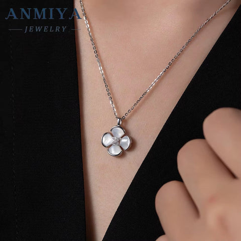 ANMIYA Fashion Charm High Quality 925 Silver Design Four Leaf Clover White Shell Necklace with Certificate