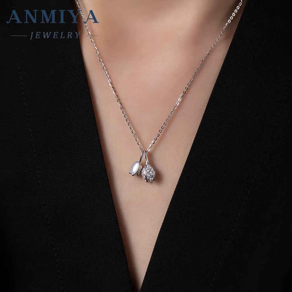 ANMIYA New 925 Sterling Silver Cute 18K Gold Plated Rose Flower Pendant Women'S Necklace Jewelry