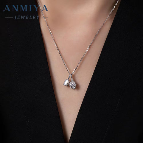 ANMIYA New 925 Sterling Silver Cute 18K Gold Plated Rose Flower Pendant Women'S Necklace Jewelry