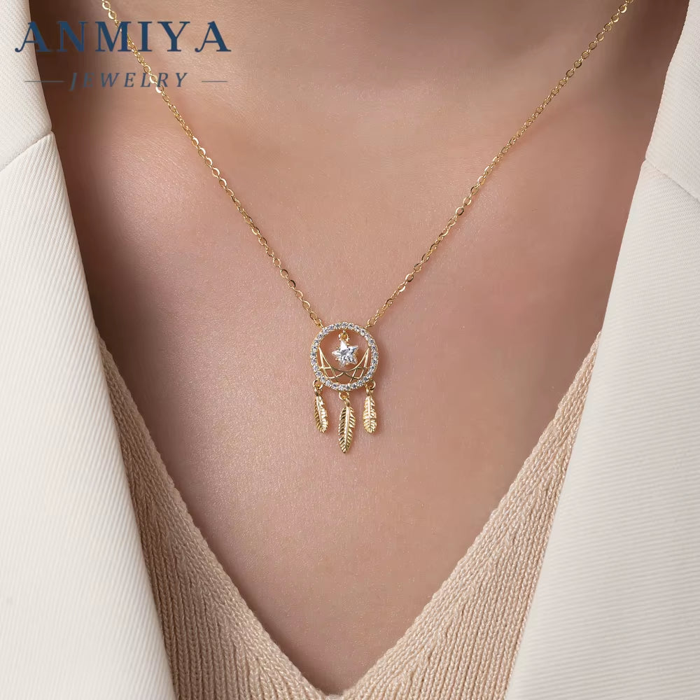 Dainty 925 Sterling Silver Micro Pave 18K Gold Plated Dreamcatcher Pendant Custom Necklace with Cubic Zirconia Link Chain