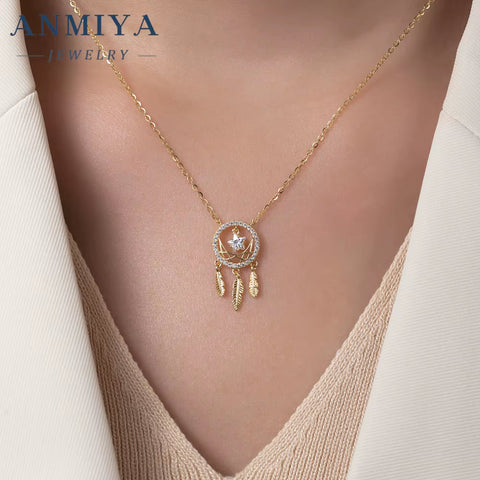 Dainty 925 Sterling Silver Micro Pave 18K Gold Plated Dreamcatcher Pendant Custom Necklace with Cubic Zirconia Link Chain
