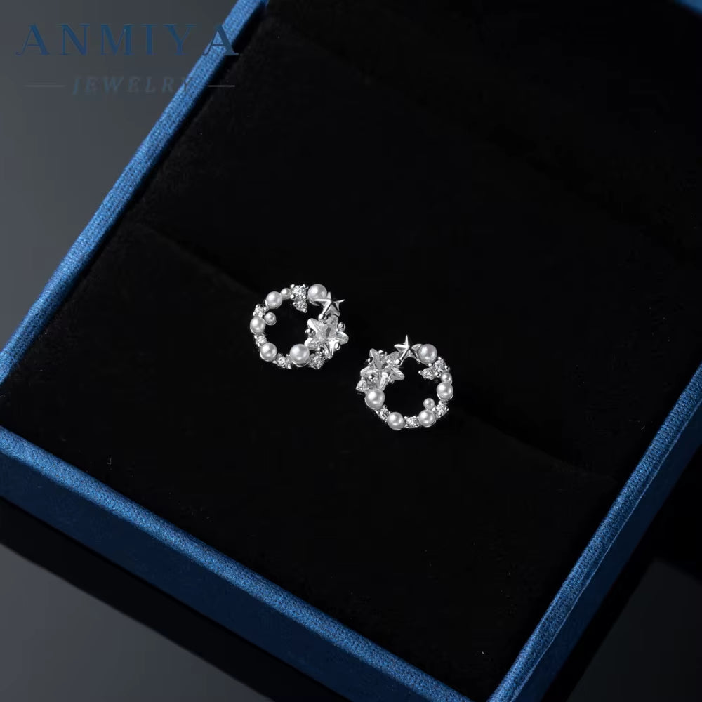 ANMIYA Unique Elegant Garland Star and Pearl Ins Fashion Jewelry Stud Earrings S925 for Bridal