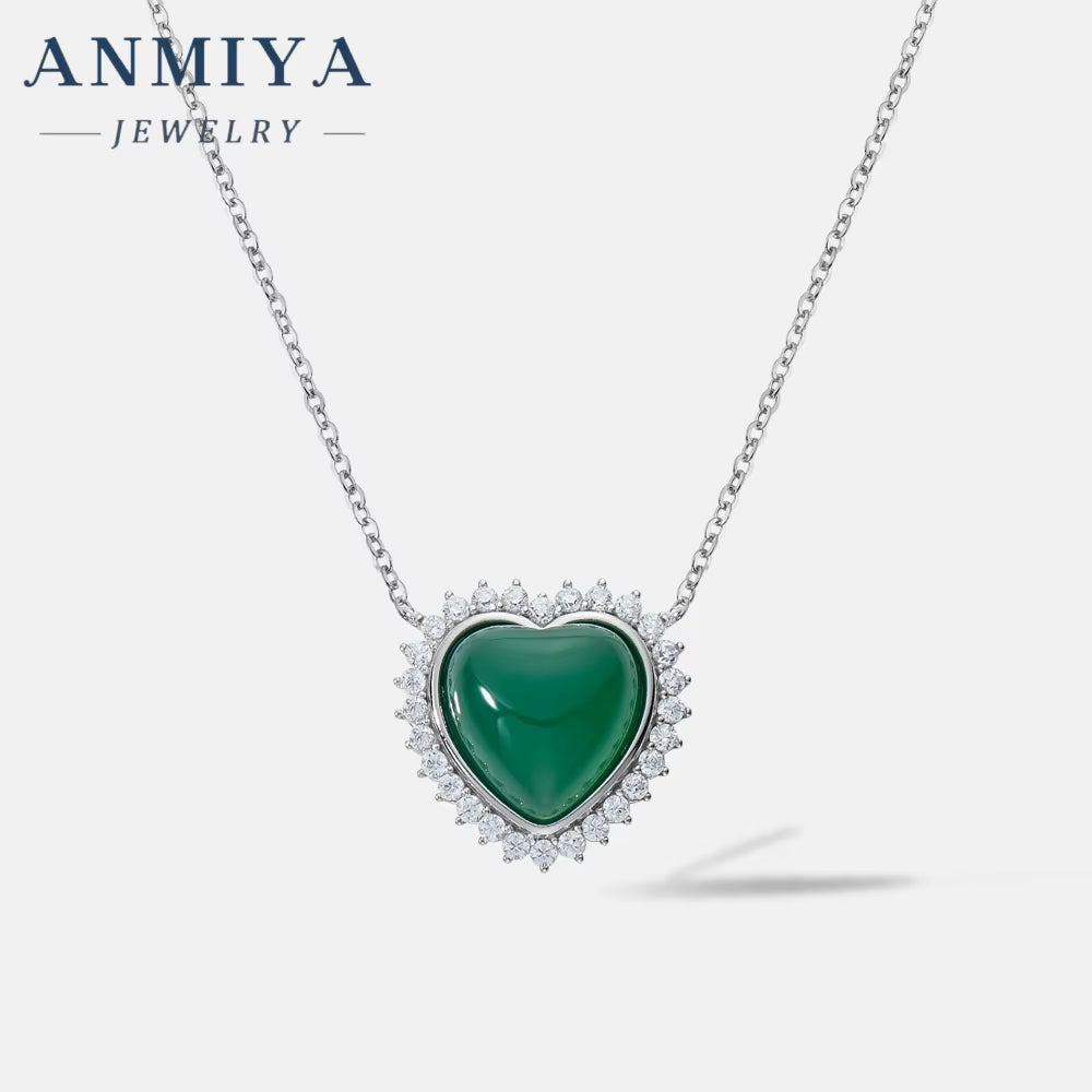 ANMIYA Fashion Chic CZ Zircon Green and White Chalcedony Heart Pendant S925 Silver Chain Necklace for Women