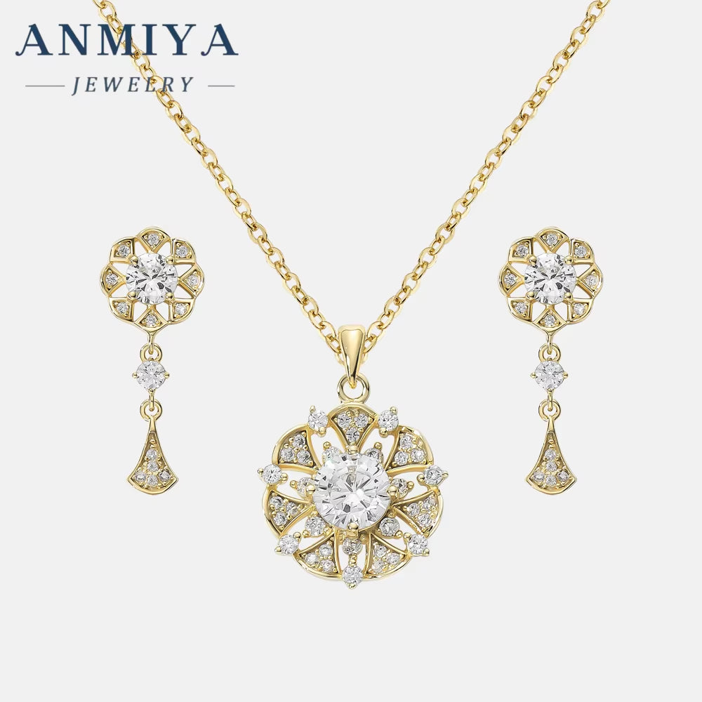 Camellia Flower 925 Silver Jewelry Set Hypoallergenic Necklace Earrings Wedding Party Zircon Stone Fashionable Gift Women Girls