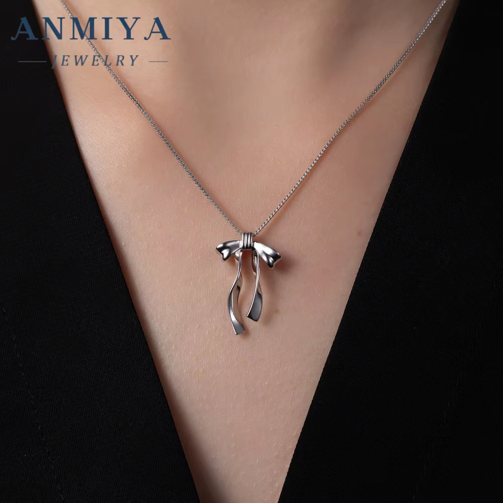 ANMIYA Simple Fashionable 925 Silver Necklace with Zirconia Sweet and Lovely Girl'S Bow Necklace