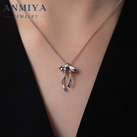 ANMIYA Simple Fashionable 925 Silver Necklace with Zirconia Sweet and Lovely Girl'S Bow Necklace