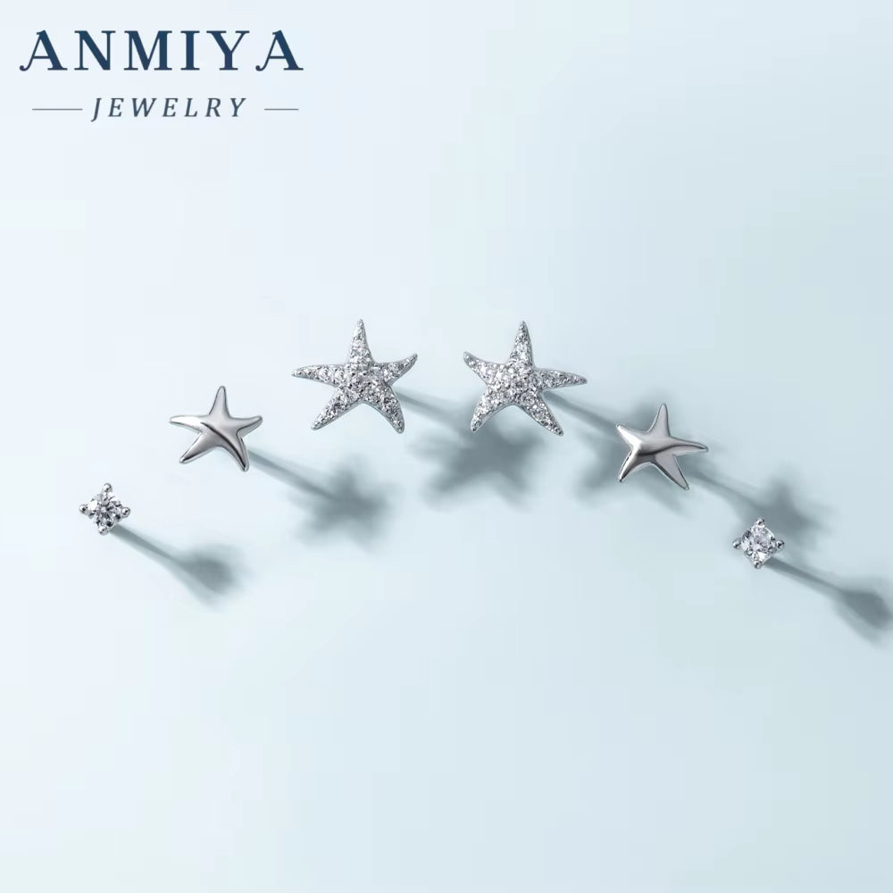 ANMIYA Summer Design Minimalist 925 Sterling Silver Starfish Stud Earrings Set for Women