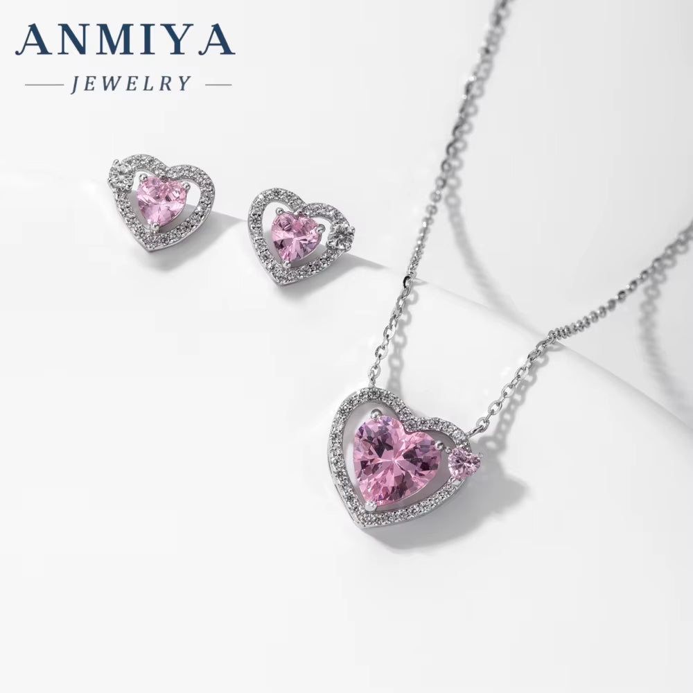 Fashion S925 Sterling Sliver Heart Pink 5A Zircon Necklace Earring Jewelry Set for Women Luxury Diamond Jewelry