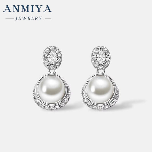 ANMIYA New Tide Water Drop Zircon Stone Pearl Fresh Water 925 Silver Girls Stud Earrings for Women Bridal
