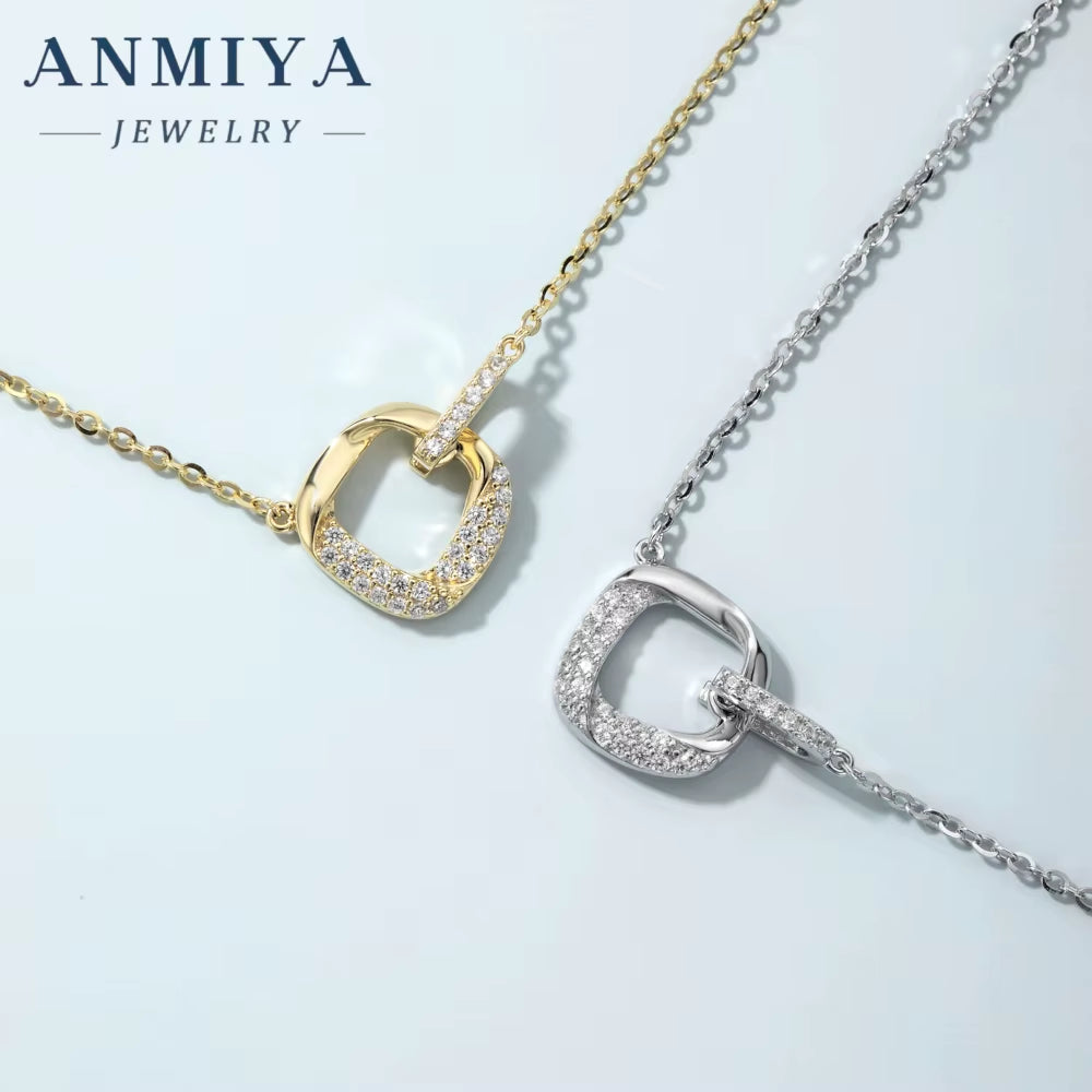 ANMIYA 925 Sterling Silver 18K Gold Geometric Square Hollow Zircon Stone Fashion Jewelry Girls Trendy Parties Engagements