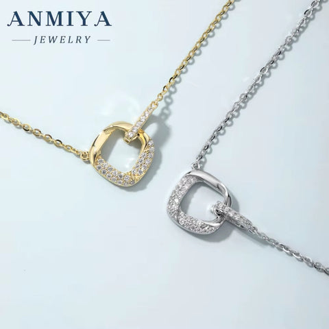 ANMIYA 925 Sterling Silver 18K Gold Geometric Square Hollow Zircon Stone Fashion Jewelry Girls Trendy Parties Engagements