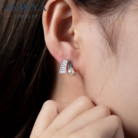 ANMIYA Unique Elegant Sterling Silver Trendy Pearl Earrings ZC Bridal Stud Earrings