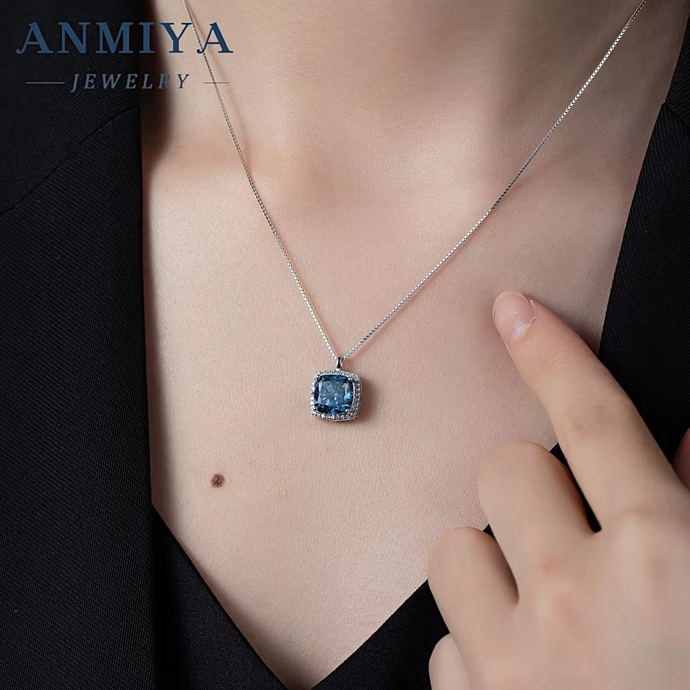 ANMIYA Dainty Sterling Silver Vintage Cushion Ice Cut Square Emerald CZ 925 Silver Jewelry Necklace