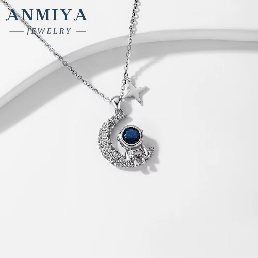 ANMIYA Cute Space Astronaut 925 Silver Moon Star Sterling Silver Necklace for Women Men