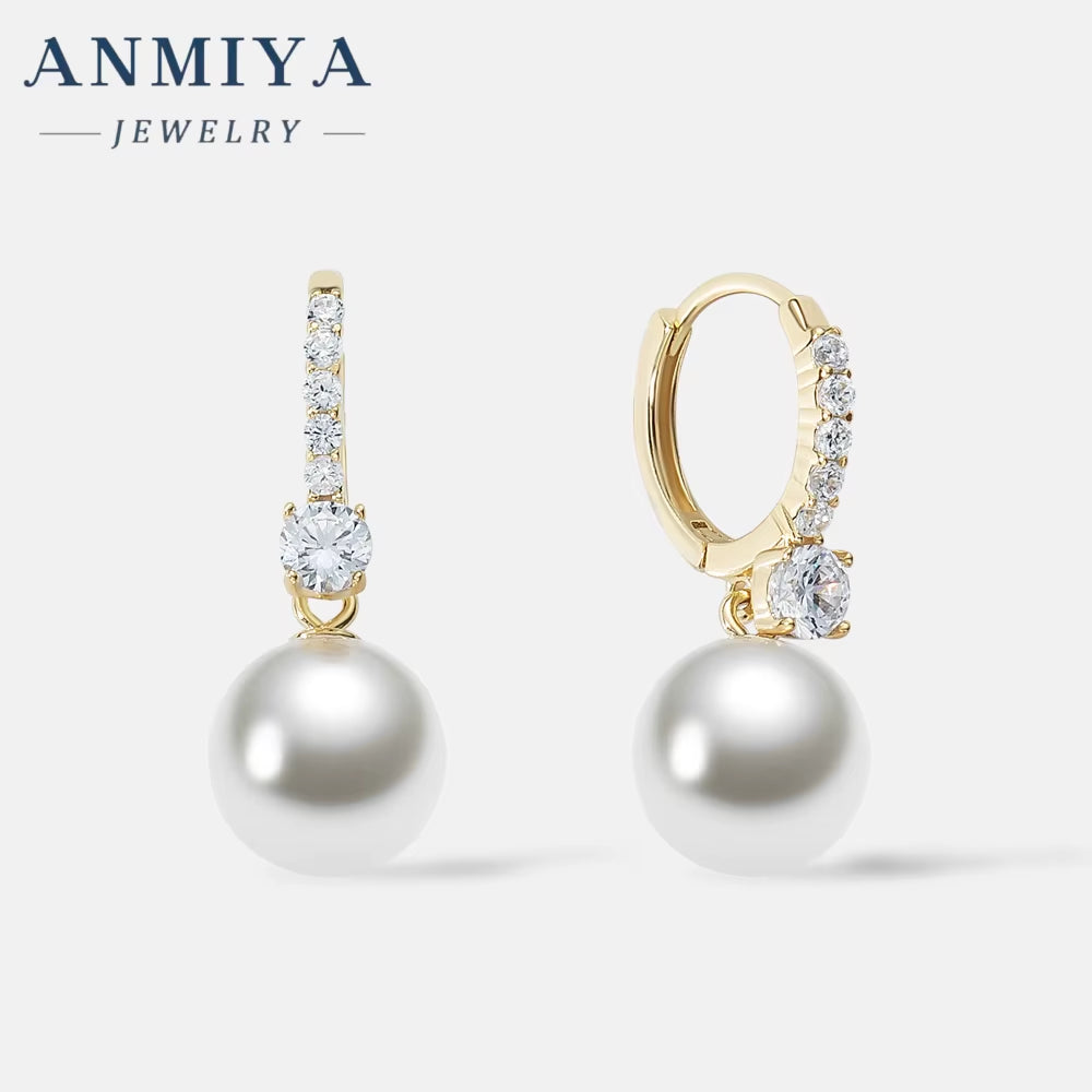 ANMIYA Korean Wedding Jewelry Gift 925 Sterling Silver Pearl Earrings Drop Pearl Hoop Earrings for Women