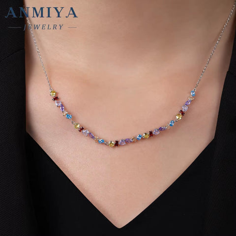 ANMIYA Accessory Jewelry 925 Sterling Silver Colored Zircon Heart Collarbon Necklaces for Bestfriend Jewelry