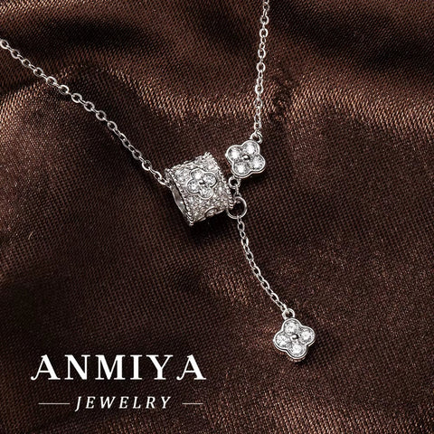 ANMIYA Light Luxury Design High Sense Four-Leaf Clover Fringe 925 Silver Necklace Sweet Girl Necklace