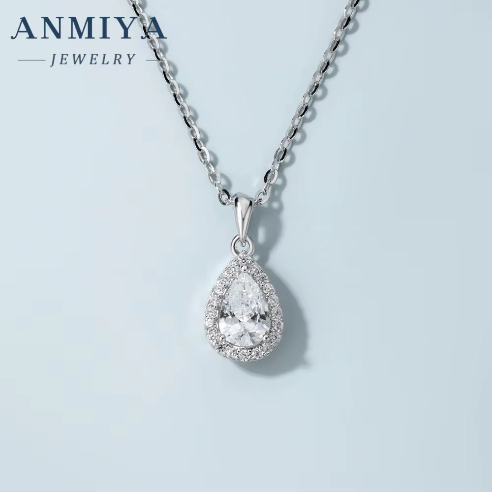 ANMIYA Classic 925 Sterling Silver Water Drop Pendant 5A Cubic Zircon Chain Necklace for Girl Fine Jewelry Set