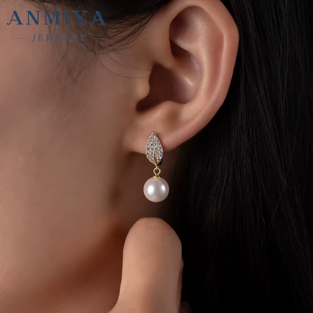 ANMIYA Dainty Gold Plated Hypoallergenic Zircon Leaf Stud Pearl Earrings Fashion Jewelry Gift 925 Silver for Women