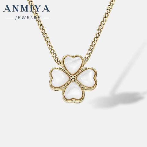 ANMIYA Jewelry New Trendy White Shell Four Leaf Clover 925 Sterling Fashion Jewelry Necklace for Women