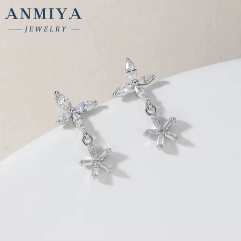 Fashion Jewelry 925 Sterling Silver Flower Earrings Zircon Diamond Dangling Earrings 925 Silver Stud Earrings Women