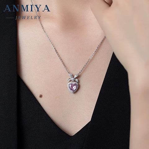 LOVE Heart Shape Pink Fashion Ins 925 Silver Ice Cut Zircon Women Necklace for Girlfriend