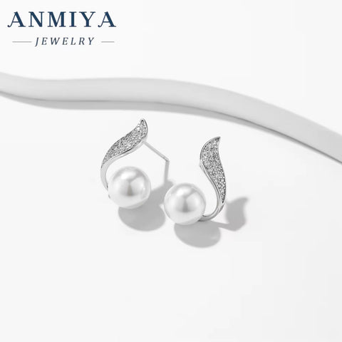 ANMIYA Custom Unique 925 Silver Modern Earrings Women Pearl Zircon Stud Earrings