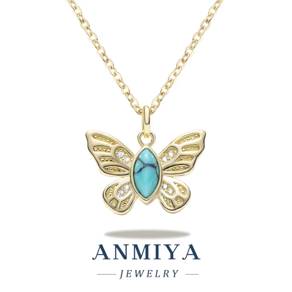 ANMIYA 925 Sterling Silver Butterfly Necklace with Turquoise Stone and Zirconia Women Necklace