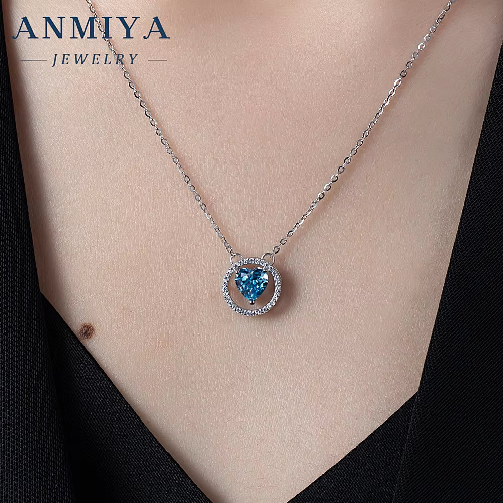 Luxury 925 Sterling Silver Ice Out Diamond Shinny Zircon Blue Heart Charm Wedding Necklace