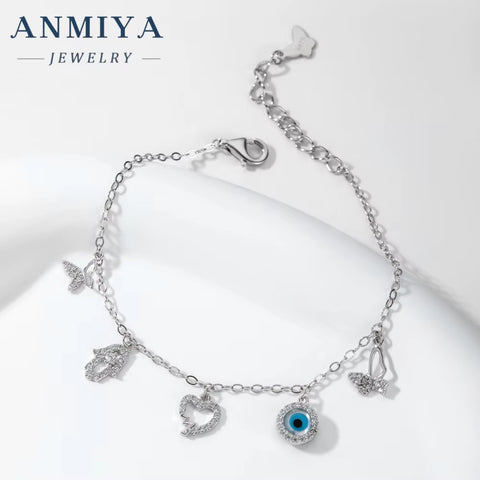 ANMIYA Fashion Jewelry Ladies Fine Jewelry Sterling 925 Silver Bracelet Evil Eyes Butterfly Bangles
