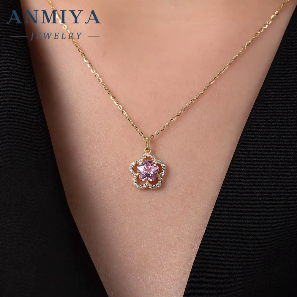 ANMIYA Inoxidable Luxury Pink Zirconia Four Leaf Clover Necklace Set Earrings for Women Wholesale Jewelry Fashion
