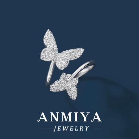 Factory Supply 925 Silver Open Cuff Butterfly Rings Delicate Women'S Finger Sparkling Cubic Zircon Trendy Lucky Butterfly