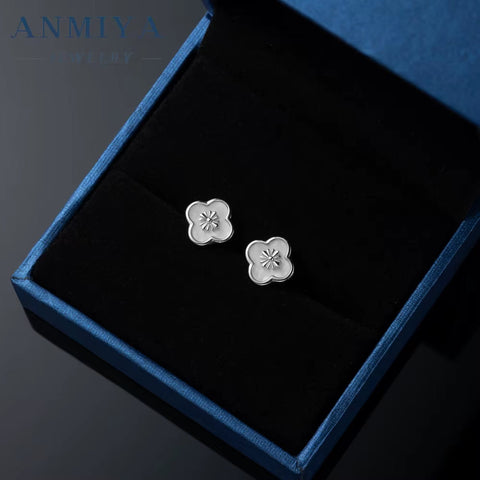 European INS Style Silver Plated Shinny Four Leaf Clover Shell Pearl 925 Silver Zirconia Stud Earrings