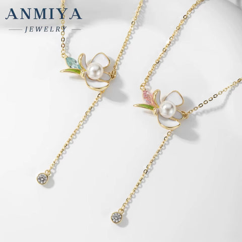 ANMIYA Wholesale 18K Gold Plated Chain with Pearl Flower Pendant 925 Silver Tassels No Fading Necklace for Women