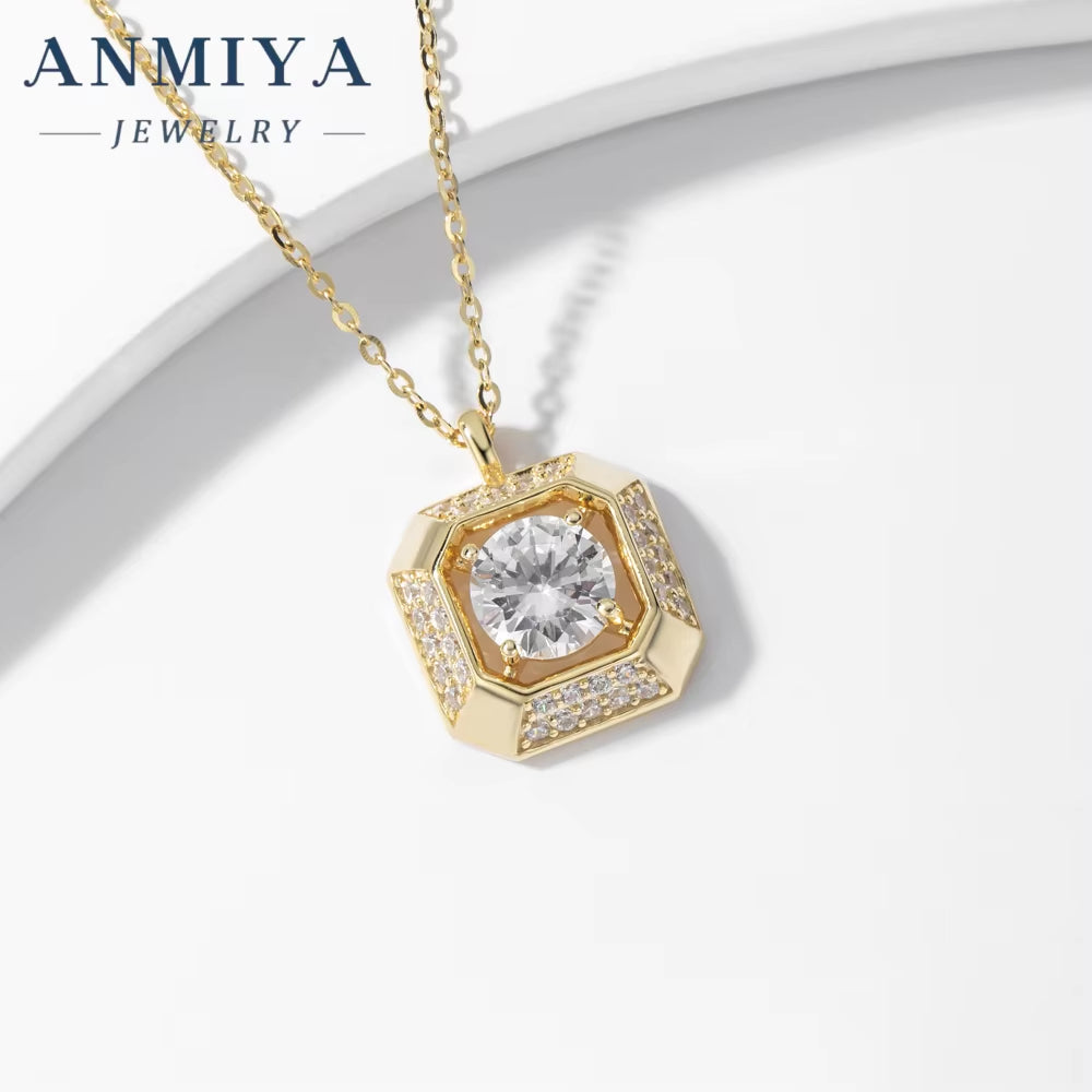 ANIMIYA S925 Fashion Gold Plated Diamond Zircon Pendant Waterproof Ladies Square Jewelry Necklace