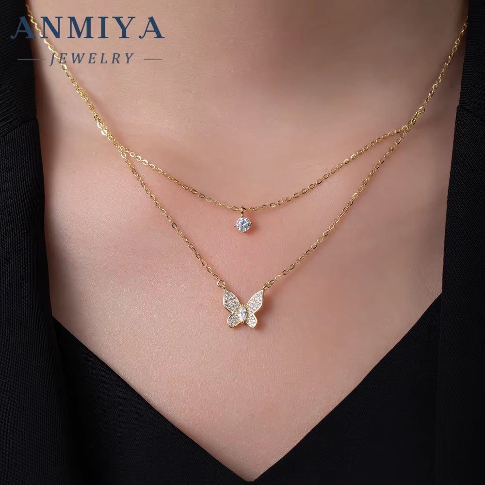 ANMIYA Women'S Double-Layer Diamond Butterfly Necklace with Collarbone Chain Elegant and Minimalist Pendant