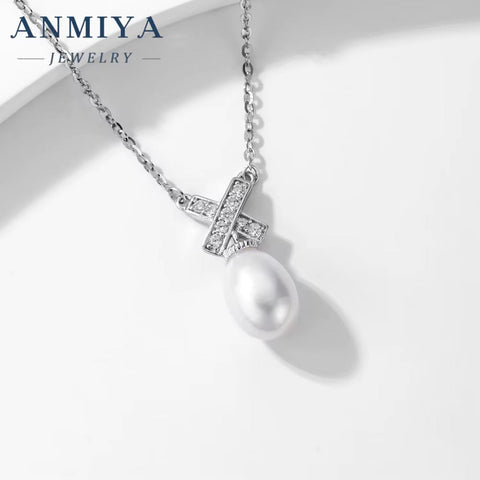 ANMIYA Crafted 925 Sterling Silver Designer Minimalist Fresh Water Pearl Zircon X Shape Fashion Pendent Necklace