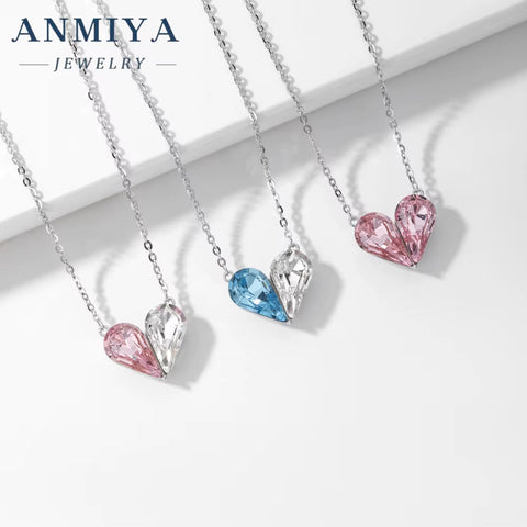 ANMIYA Fashion Crystal Heart Pendant Necklace 925 Silver Love Heart Pendant Necklace for Mom Women