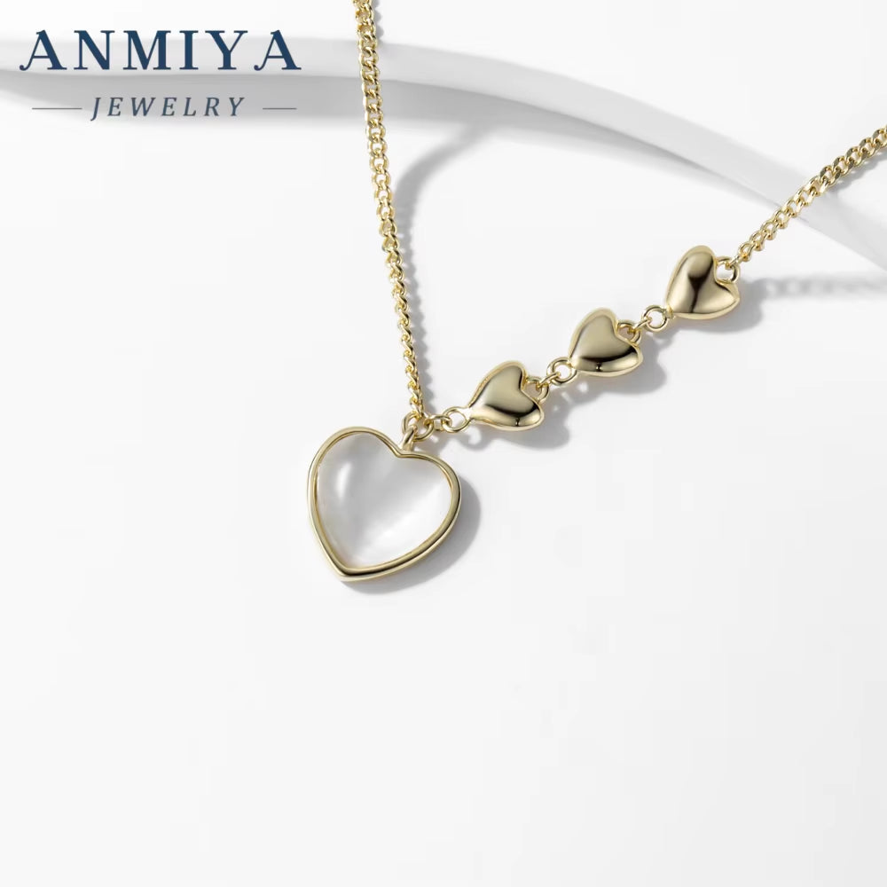 ANMIYA Fashion 925 Sterling Silver Necklace Chalcedony Heart Pendant 18K Gold Heart Pendant Stylish Jewelry Weddings Engagements