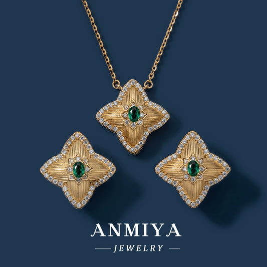 Hot Sell Women'S 925 Silver Flower Zircon Pendant 18K Gold Earring Necklace Jewelry Set