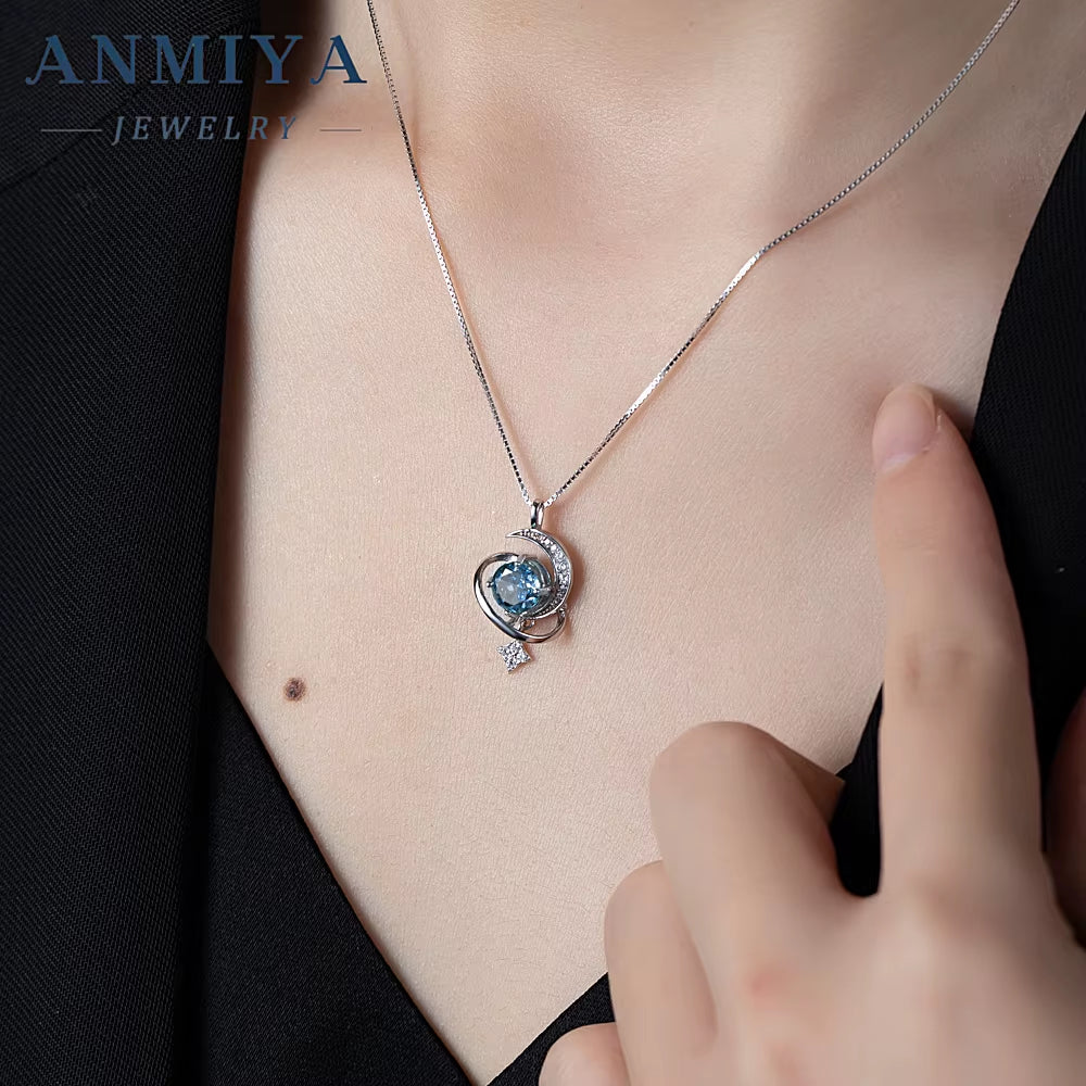 Fashion Women'S Jewelry Blue Ice Cut Sapphire Zc Pendant 925 Sterling Silver Star and Moon Necklace